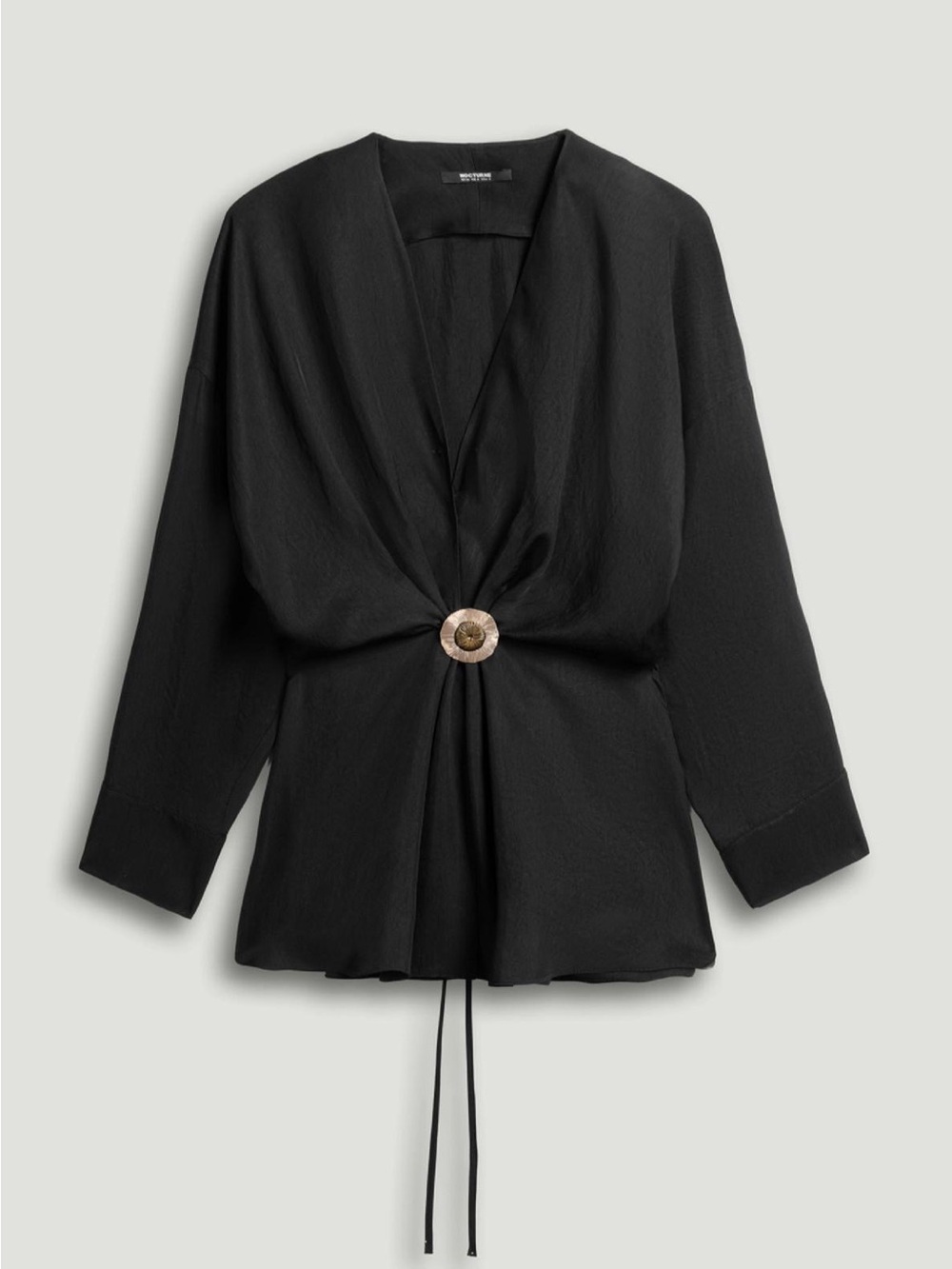 Black Draped Wrap Blouse with Decorative Ring